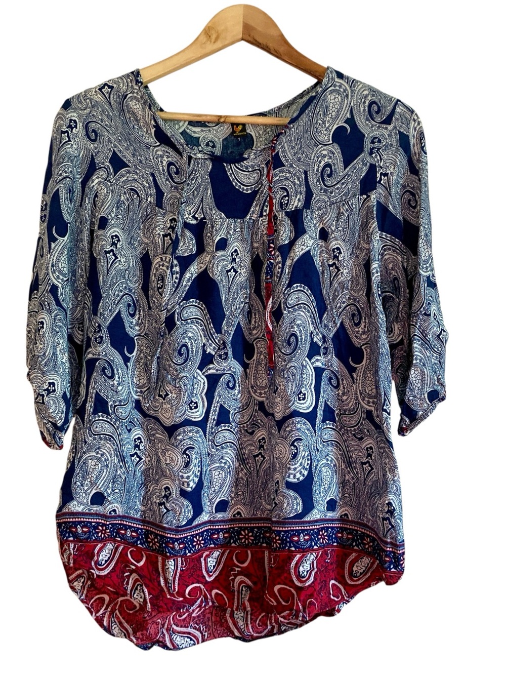 Boho Paisley Blouse Blue Red Flowy Top 3/4 Sleeve Lightweight Festival Style
